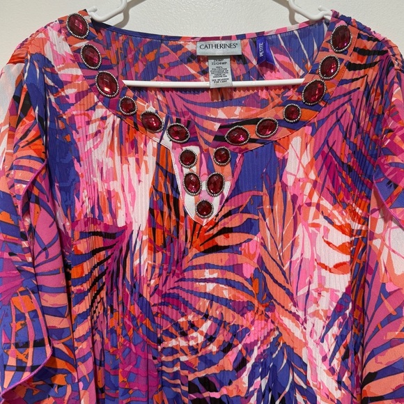 Catherines Crepe Blouse Top Size 2X Petite Sheer Flutter Sleeve Tropical Beaded - Picture 3 of 8